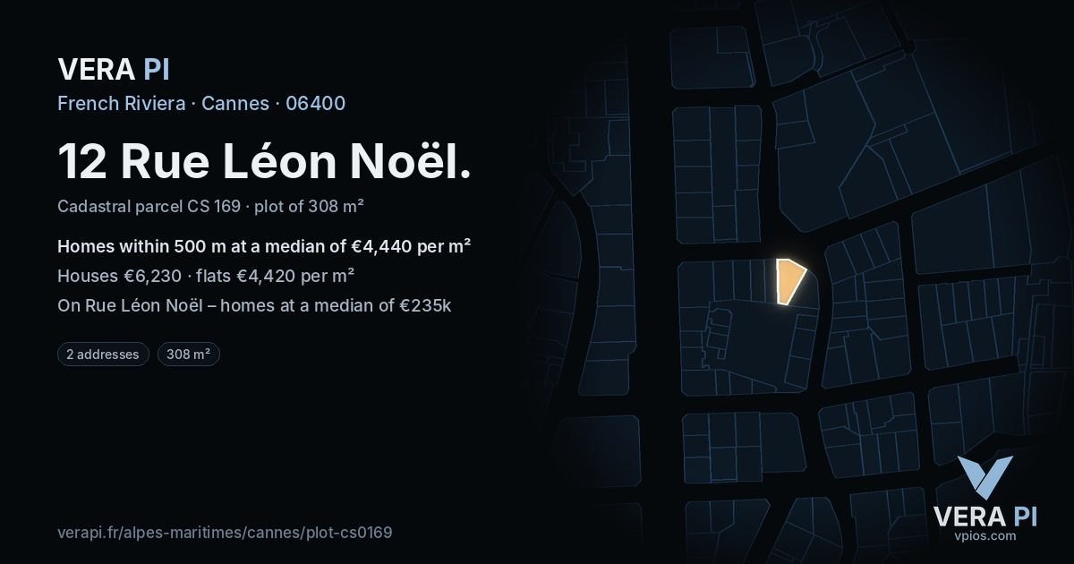 12 Rue Léon Noël, Cannes at night – the plot lit, the parcels around coloured by the prices near them