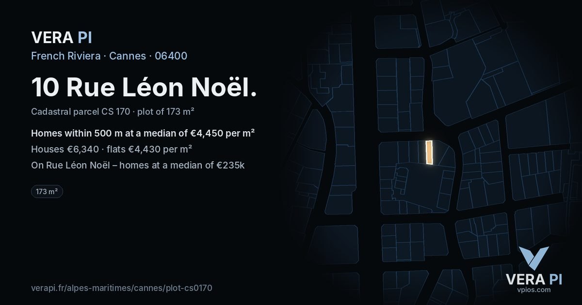 10 Rue Léon Noël, Cannes at night – the plot lit, the parcels around coloured by the prices near them