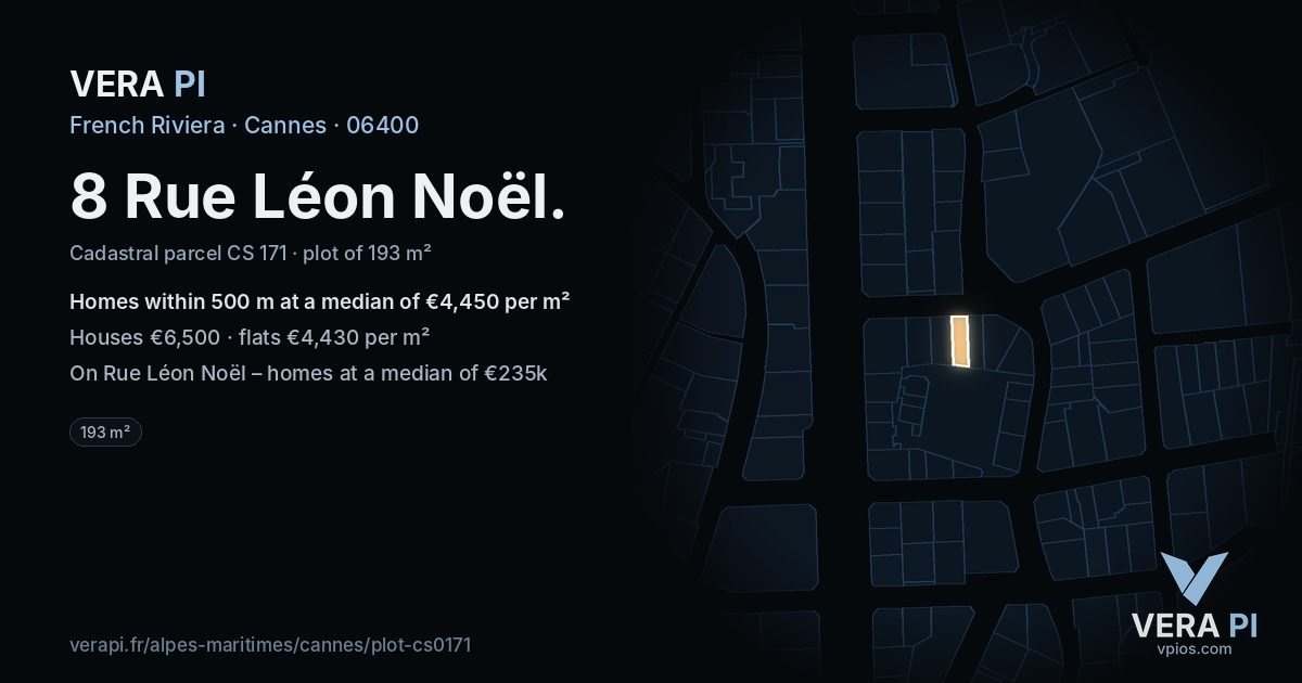 8 Rue Léon Noël, Cannes at night – the plot lit, the parcels around coloured by the prices near them