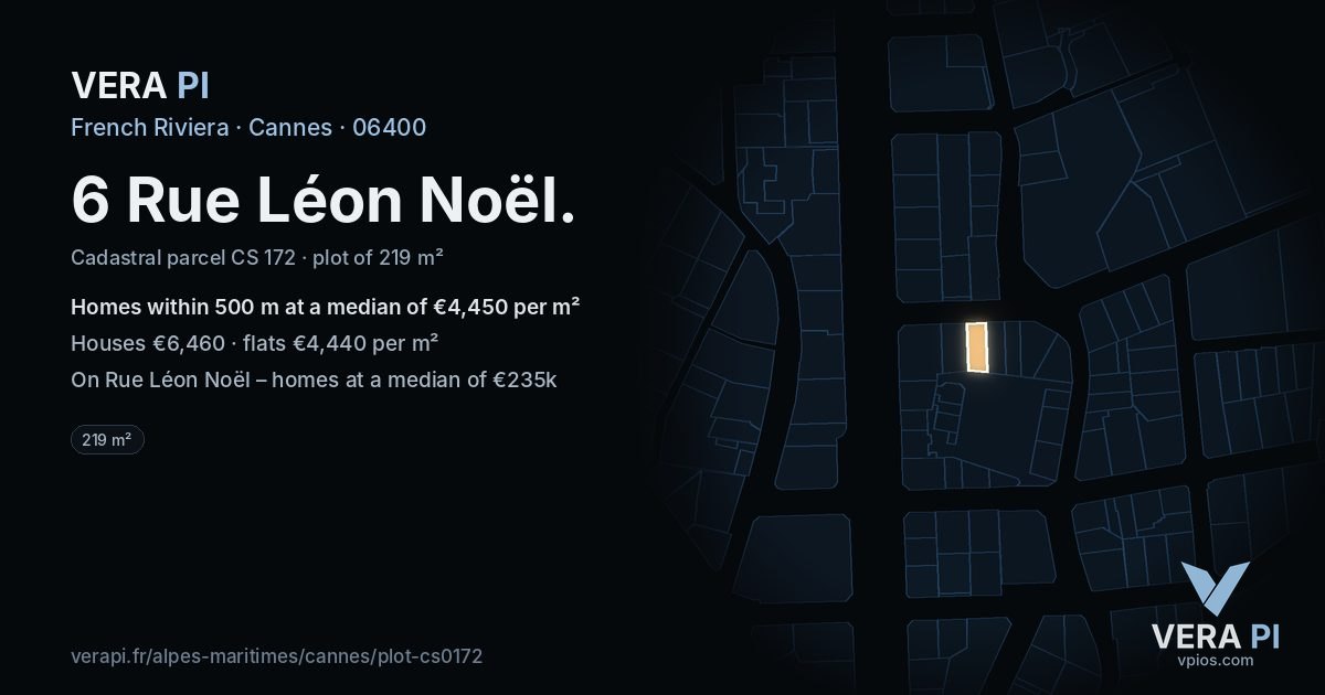 6 Rue Léon Noël, Cannes at night – the plot lit, the parcels around coloured by the prices near them