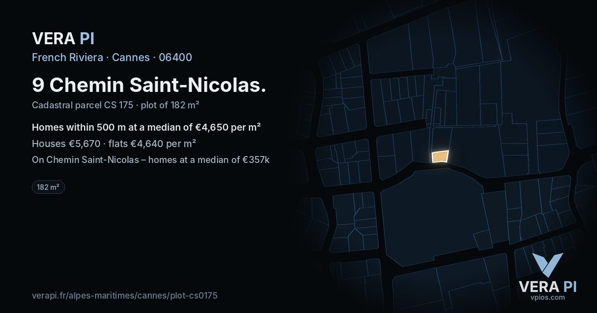 9 Chemin Saint-Nicolas, Cannes at night – the plot lit, the parcels around coloured by the prices near them