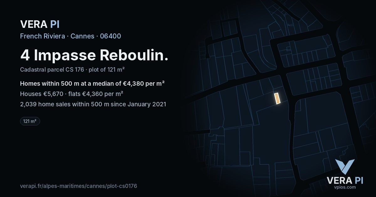4 Impasse Reboulin, Cannes at night – the plot lit, the parcels around coloured by the prices near them