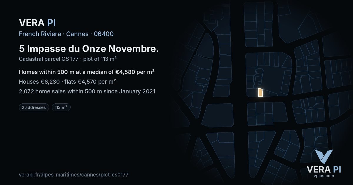 5 Impasse du Onze Novembre, Cannes at night – the plot lit, the parcels around coloured by the prices near them