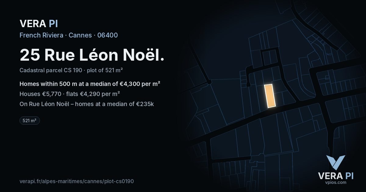 25 Rue Léon Noël, Cannes at night – the plot lit, the parcels around coloured by the prices near them
