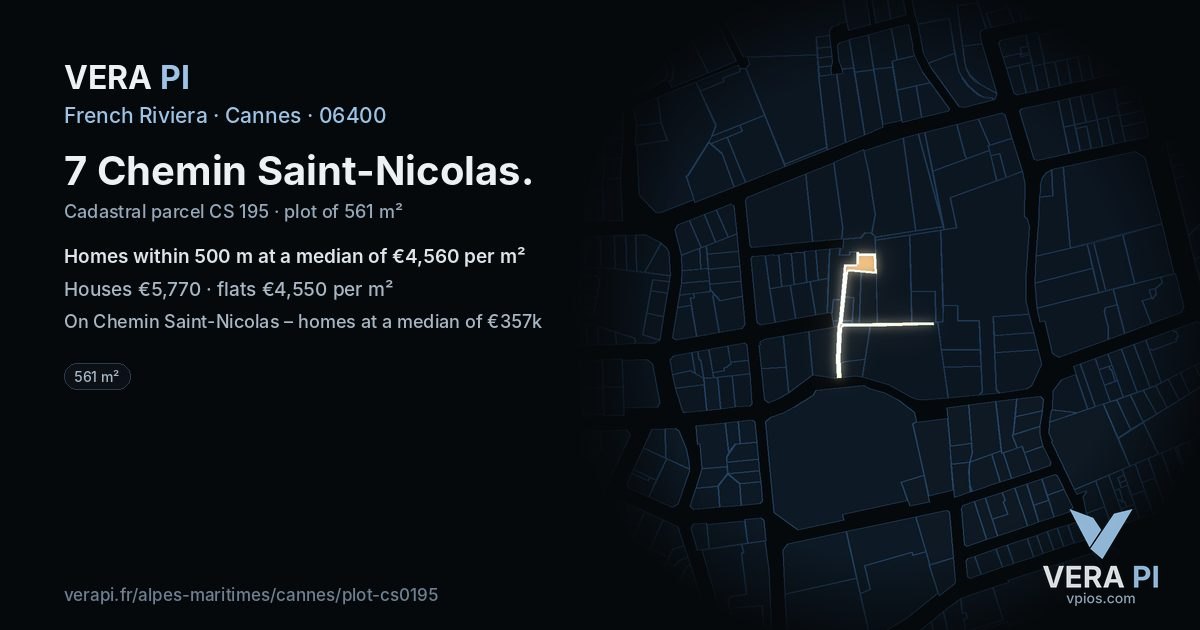 7 Chemin Saint-Nicolas, Cannes at night – the plot lit, the parcels around coloured by the prices near them