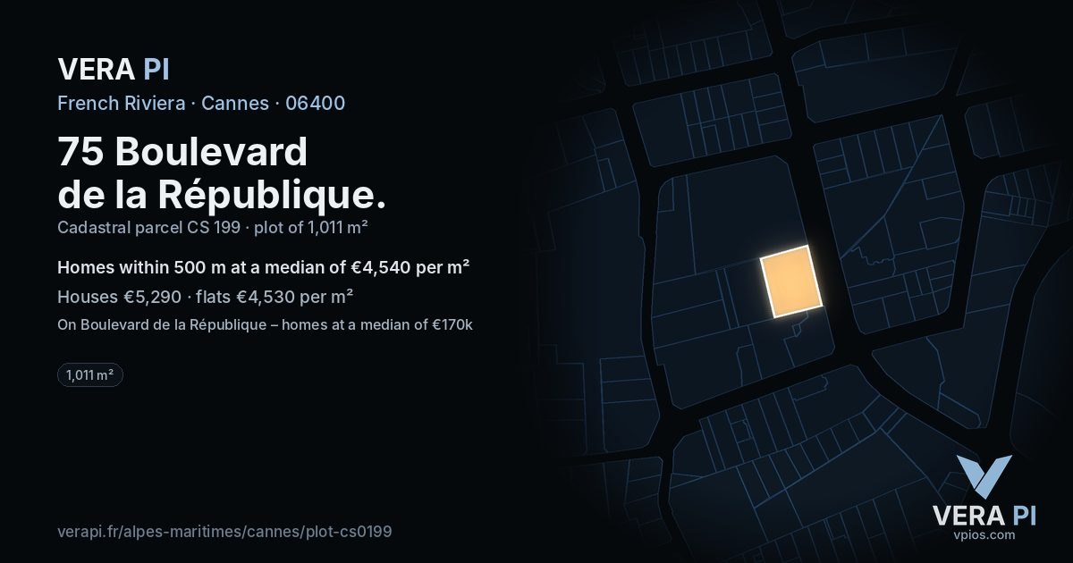 75 Boulevard de la République, Cannes at night – the plot lit, the parcels around coloured by the prices near them