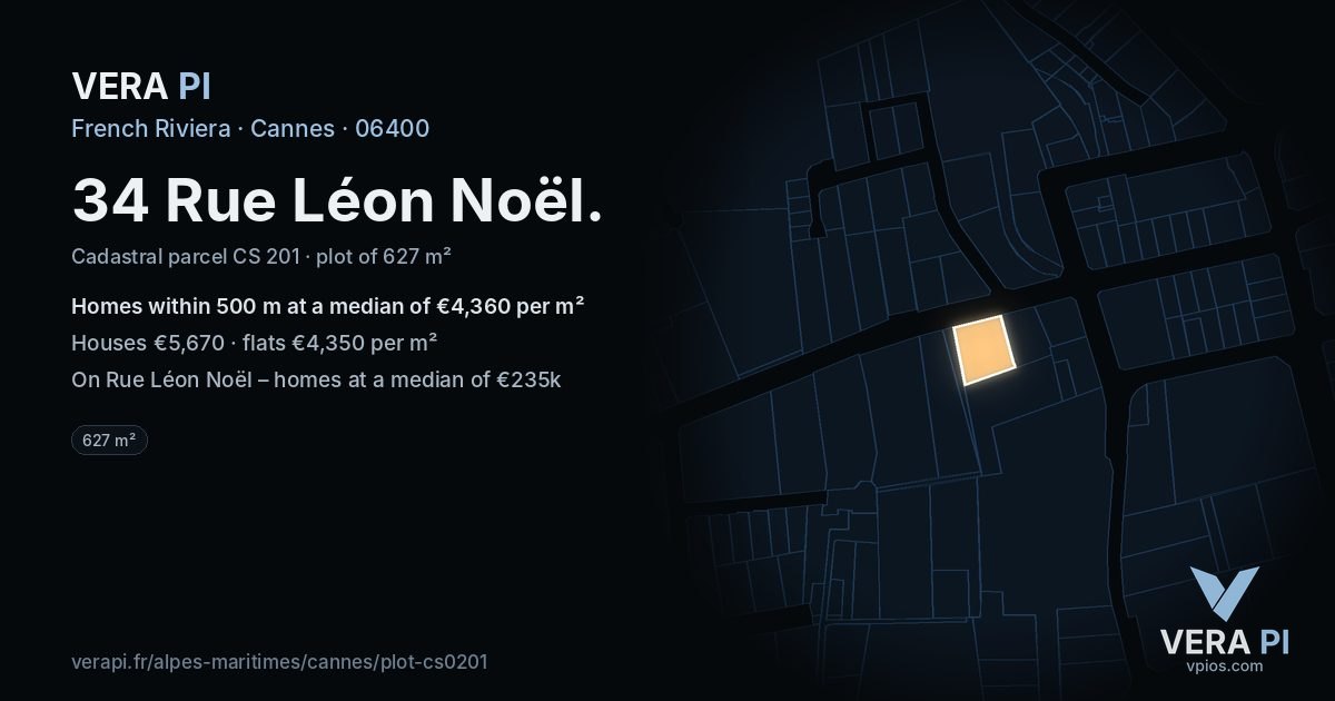34 Rue Léon Noël, Cannes at night – the plot lit, the parcels around coloured by the prices near them