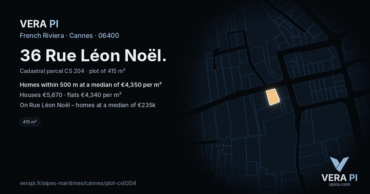 36 Rue Léon Noël, Cannes at night – the plot lit, the parcels around coloured by the prices near them
