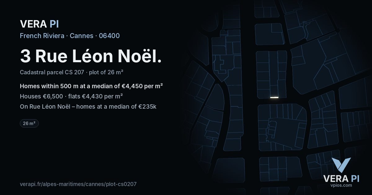 3 Rue Léon Noël, Cannes at night – the plot lit, the parcels around coloured by the prices near them