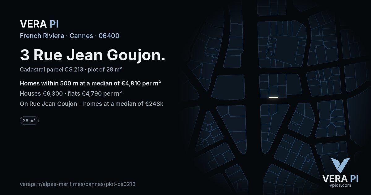 3 Rue Jean Goujon, Cannes at night – the plot lit, the parcels around coloured by the prices near them