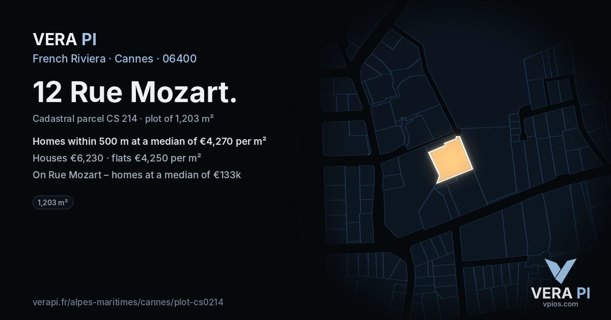 12 Rue Mozart, Cannes at night – the plot lit, the parcels around coloured by the prices near them