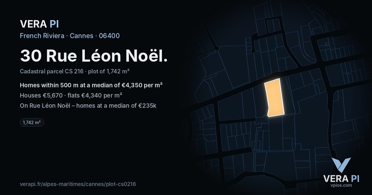 30 Rue Léon Noël, Cannes at night – the plot lit, the parcels around coloured by the prices near them