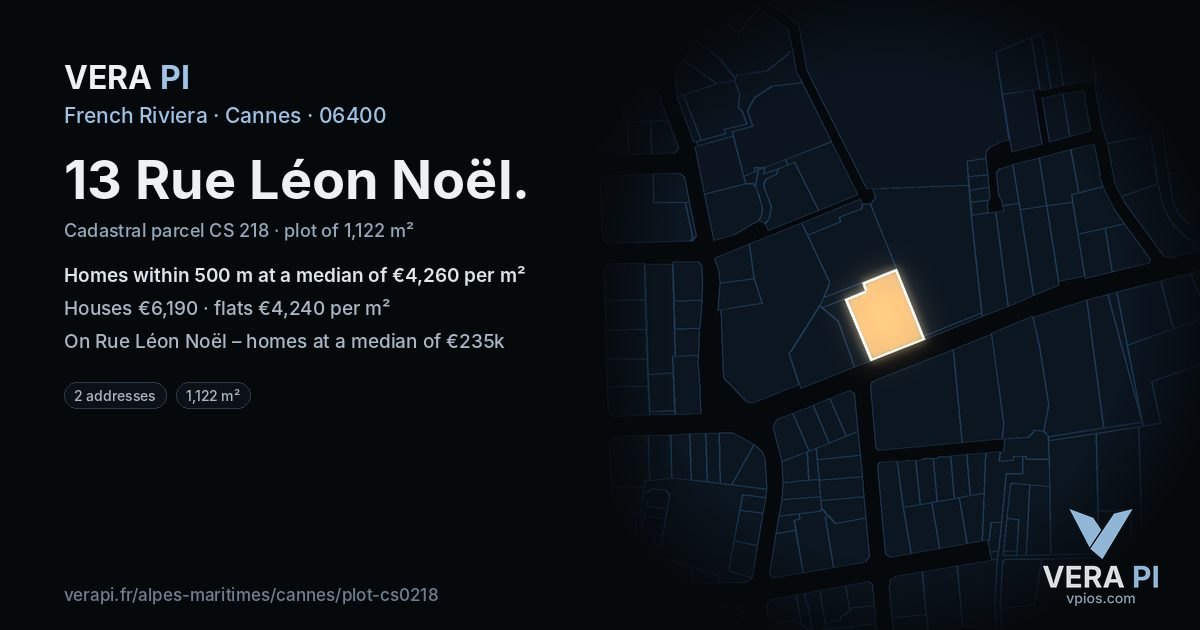 13 Rue Léon Noël, Cannes at night – the plot lit, the parcels around coloured by the prices near them