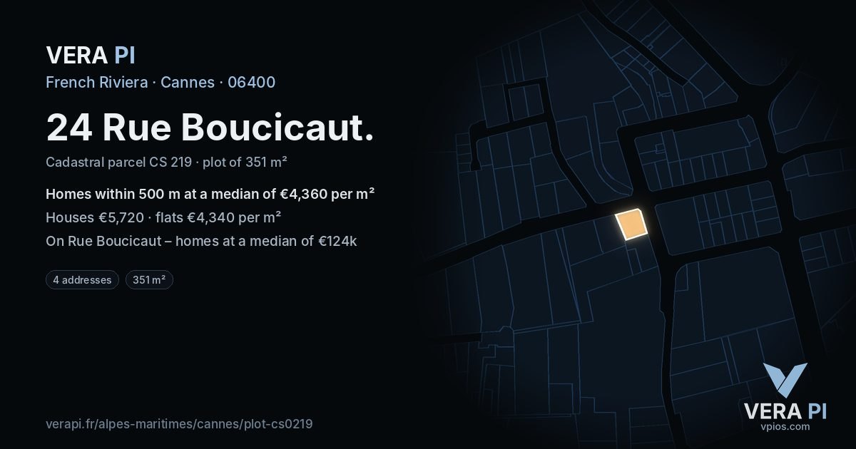 24 Rue Boucicaut, Cannes at night – the plot lit, the parcels around coloured by the prices near them