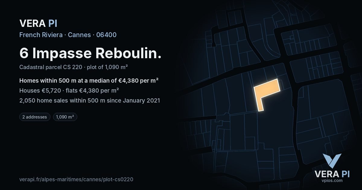 6 Impasse Reboulin, Cannes at night – the plot lit, the parcels around coloured by the prices near them