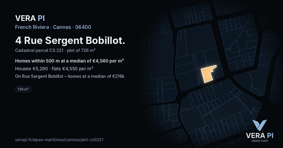 4 Rue Sergent Bobillot, Cannes at night – the plot lit, the parcels around coloured by the prices near them