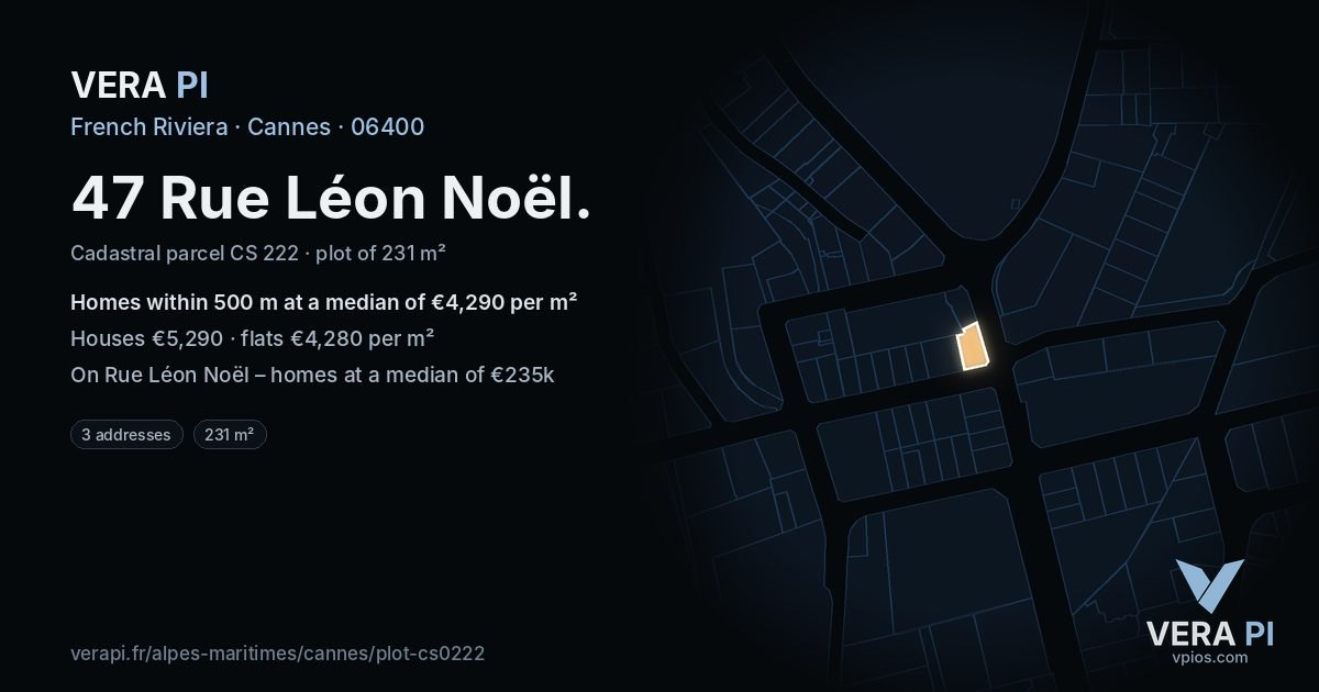 47 Rue Léon Noël, Cannes at night – the plot lit, the parcels around coloured by the prices near them
