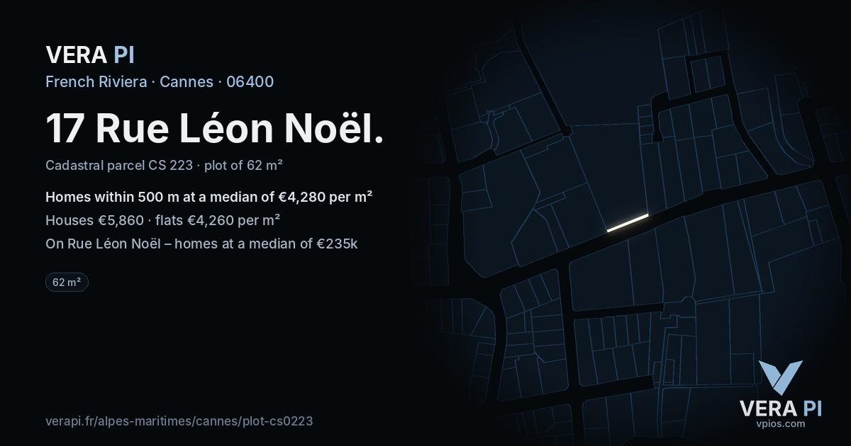 17 Rue Léon Noël, Cannes at night – the plot lit, the parcels around coloured by the prices near them