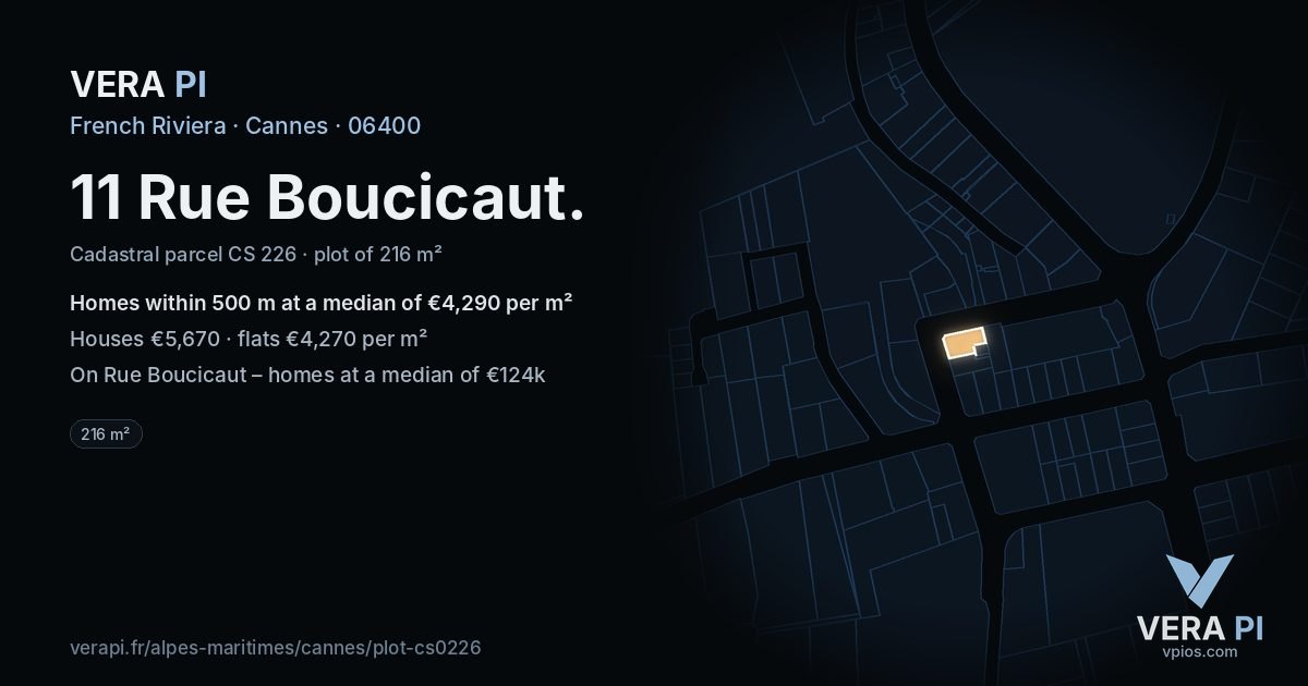 11 Rue Boucicaut, Cannes at night – the plot lit, the parcels around coloured by the prices near them
