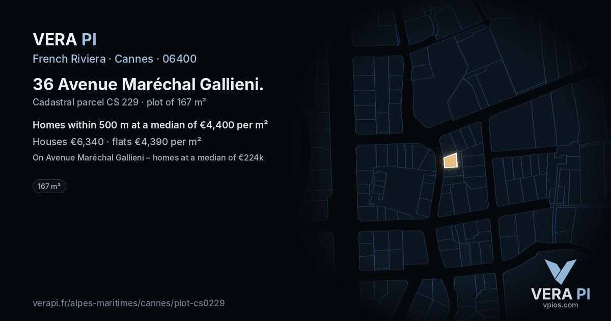 36 Avenue Maréchal Gallieni, Cannes at night – the plot lit, the parcels around coloured by the prices near them