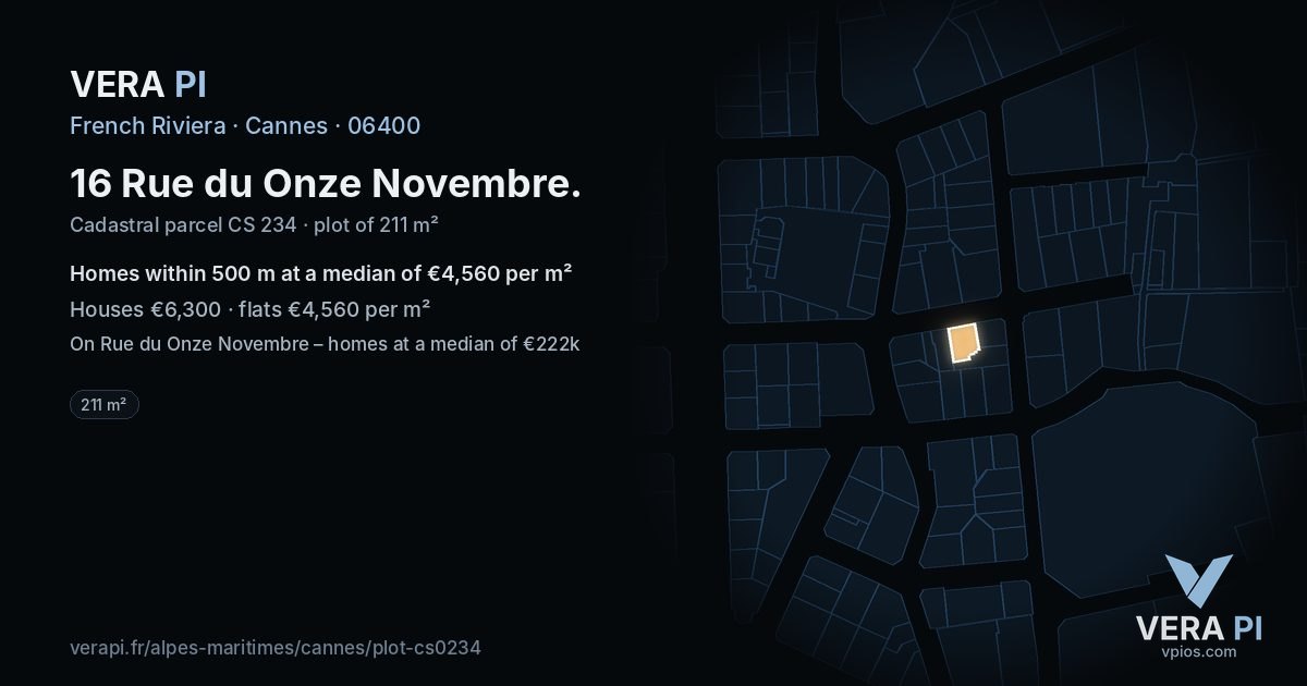 16 Rue du Onze Novembre, Cannes at night – the plot lit, the parcels around coloured by the prices near them