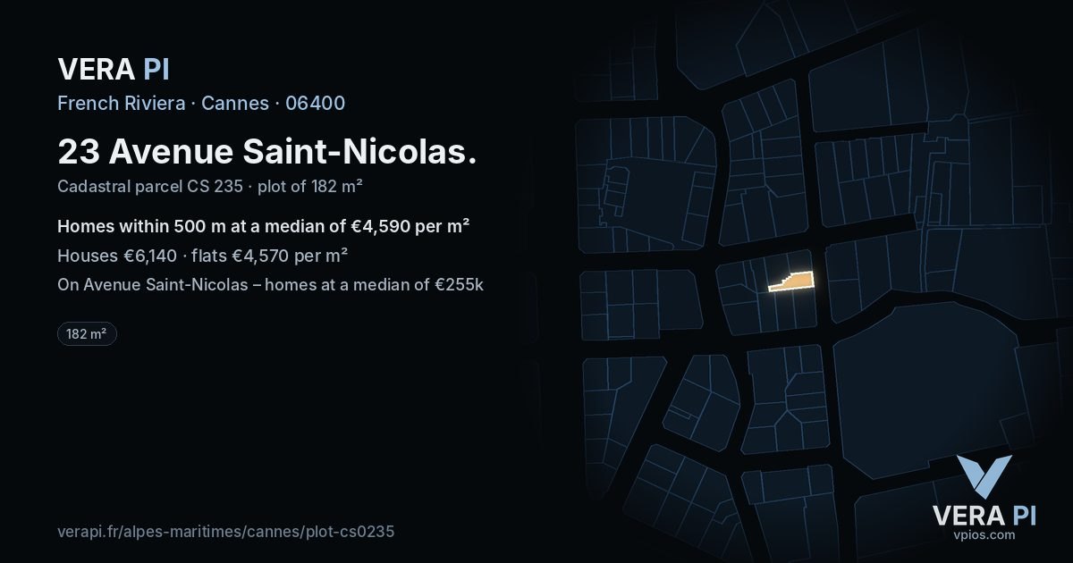 23 Avenue Saint-Nicolas, Cannes at night – the plot lit, the parcels around coloured by the prices near them