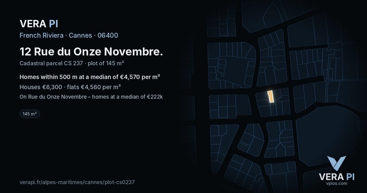 12 Rue du Onze Novembre, Cannes at night – the plot lit, the parcels around coloured by the prices near them