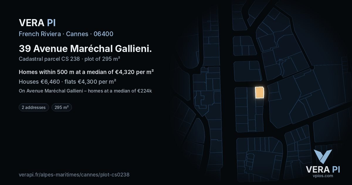 39 Avenue Maréchal Gallieni, Cannes at night – the plot lit, the parcels around coloured by the prices near them