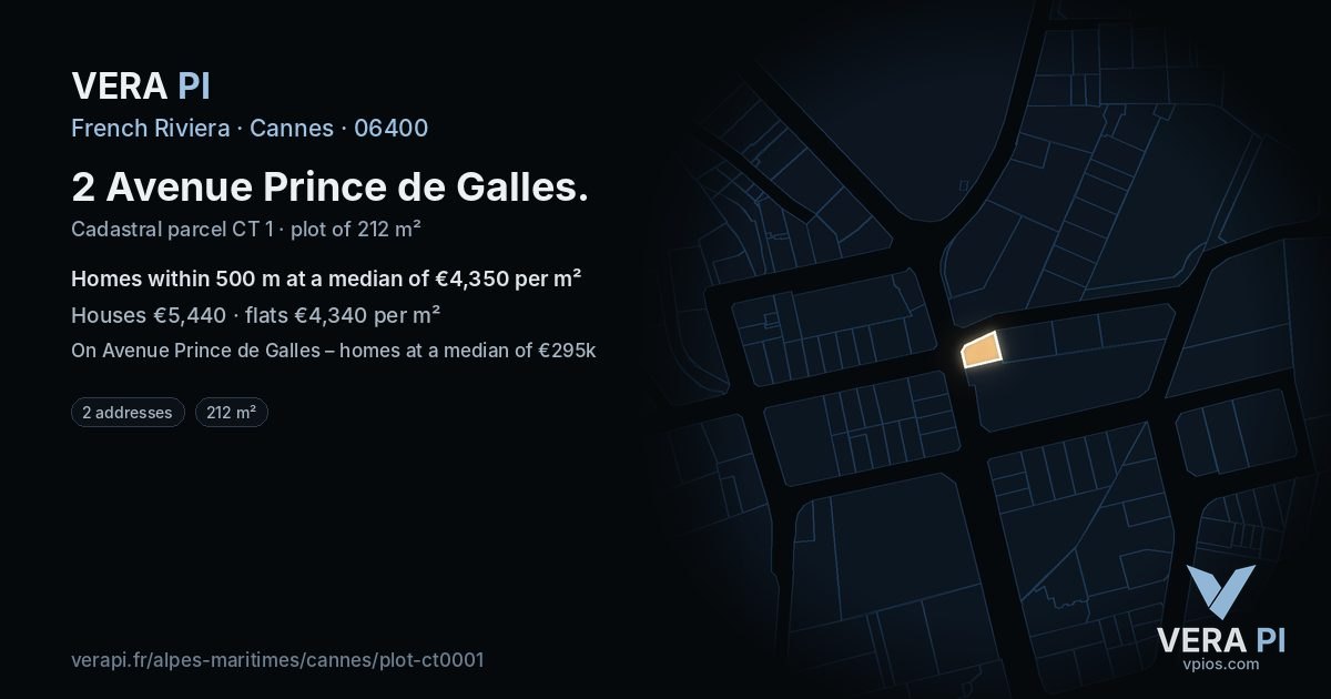 2 Avenue Prince de Galles, Cannes at night – the plot lit, the parcels around coloured by the prices near them