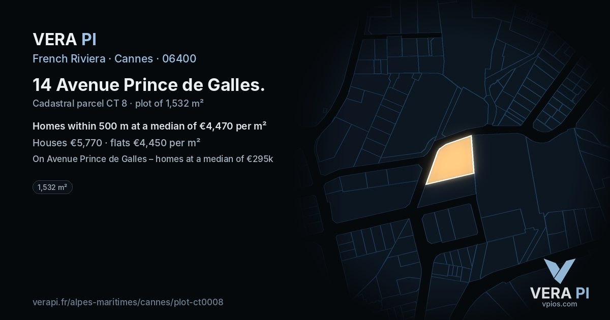14 Avenue Prince de Galles, Cannes at night – the plot lit, the parcels around coloured by the prices near them