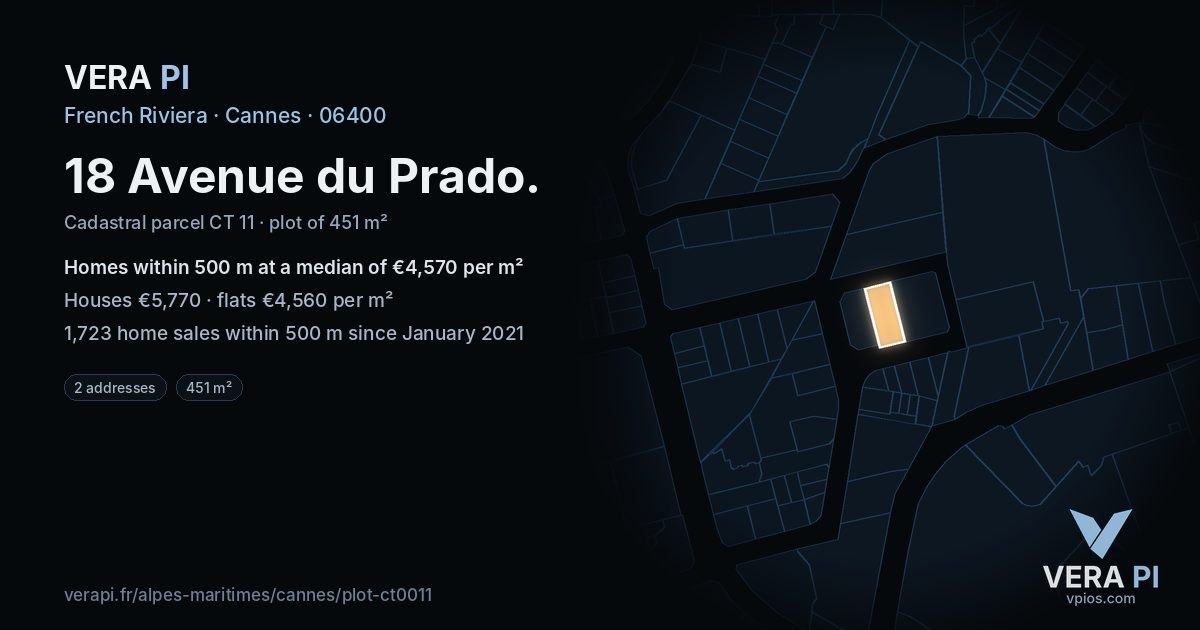 18 Avenue du Prado, Cannes at night – the plot lit, the parcels around coloured by the prices near them