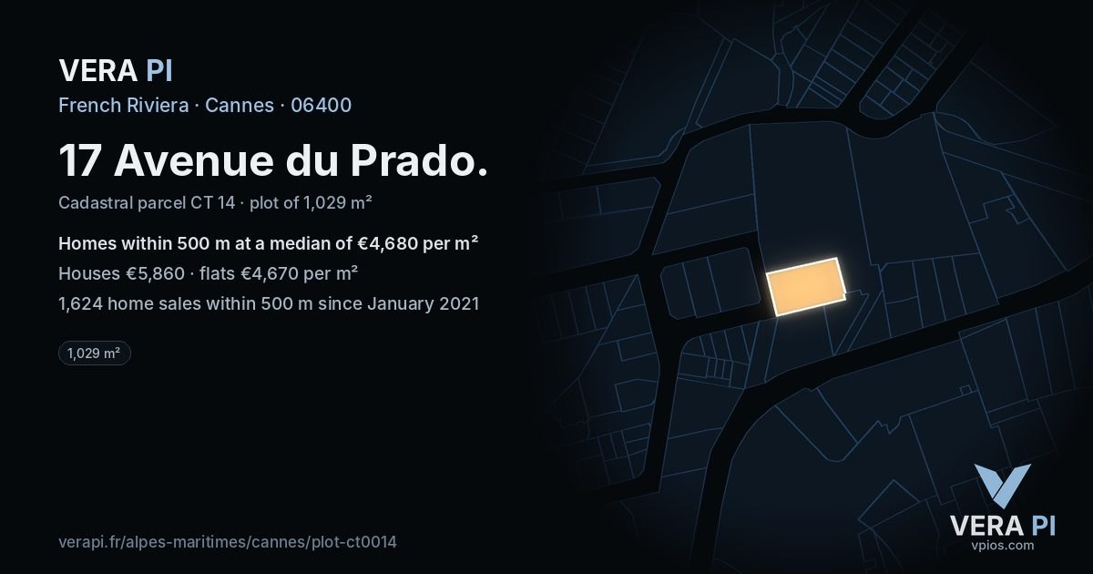 17 Avenue du Prado, Cannes at night – the plot lit, the parcels around coloured by the prices near them