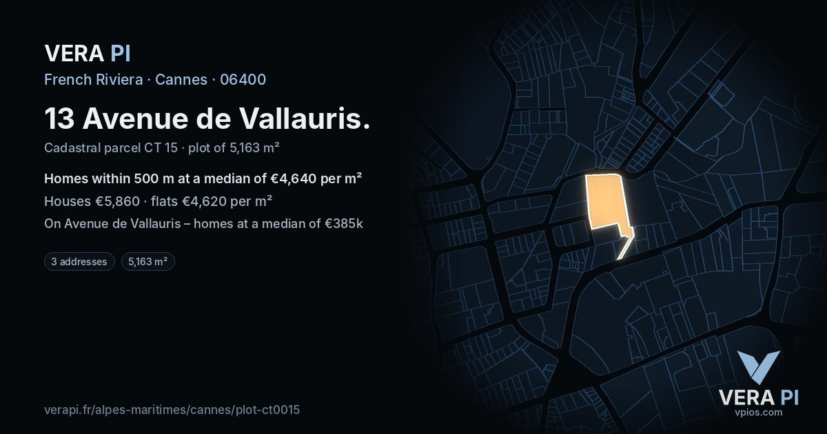 13 Avenue de Vallauris, Cannes at night – the plot lit, the parcels around coloured by the prices near them