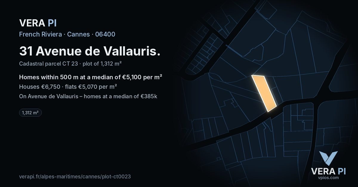 31 Avenue de Vallauris, Cannes at night – the plot lit, the parcels around coloured by the prices near them