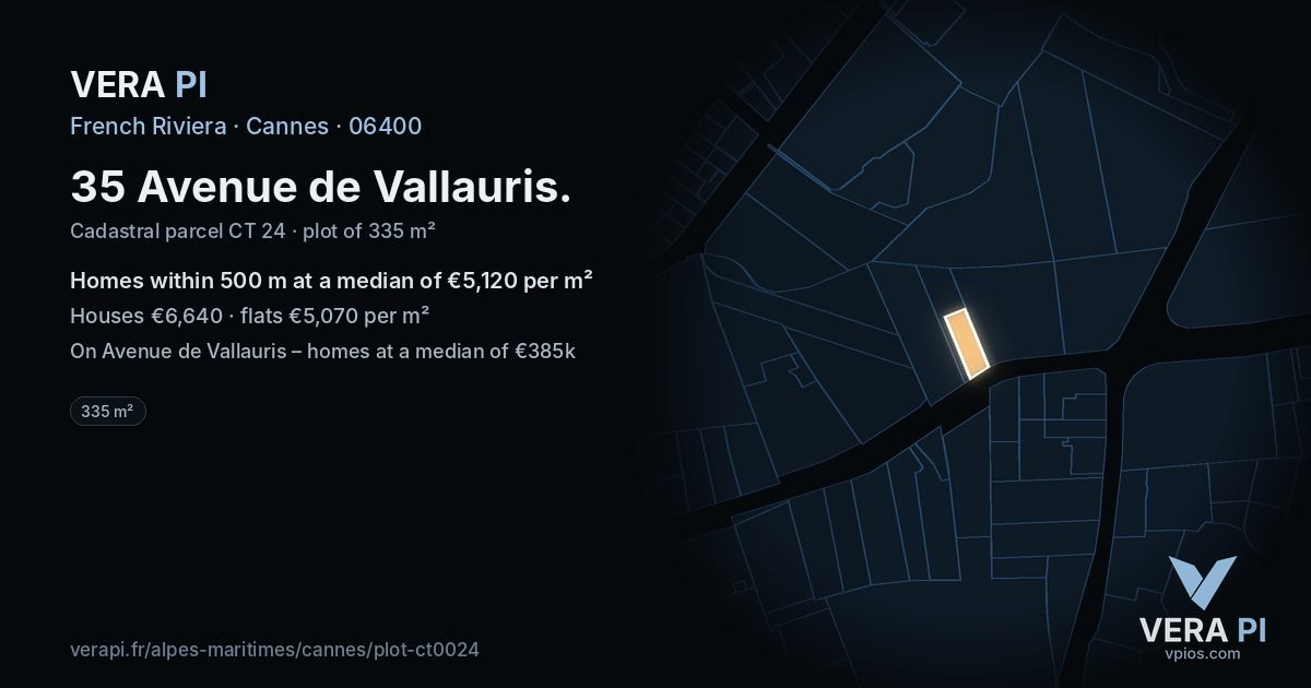 35 Avenue de Vallauris, Cannes at night – the plot lit, the parcels around coloured by the prices near them