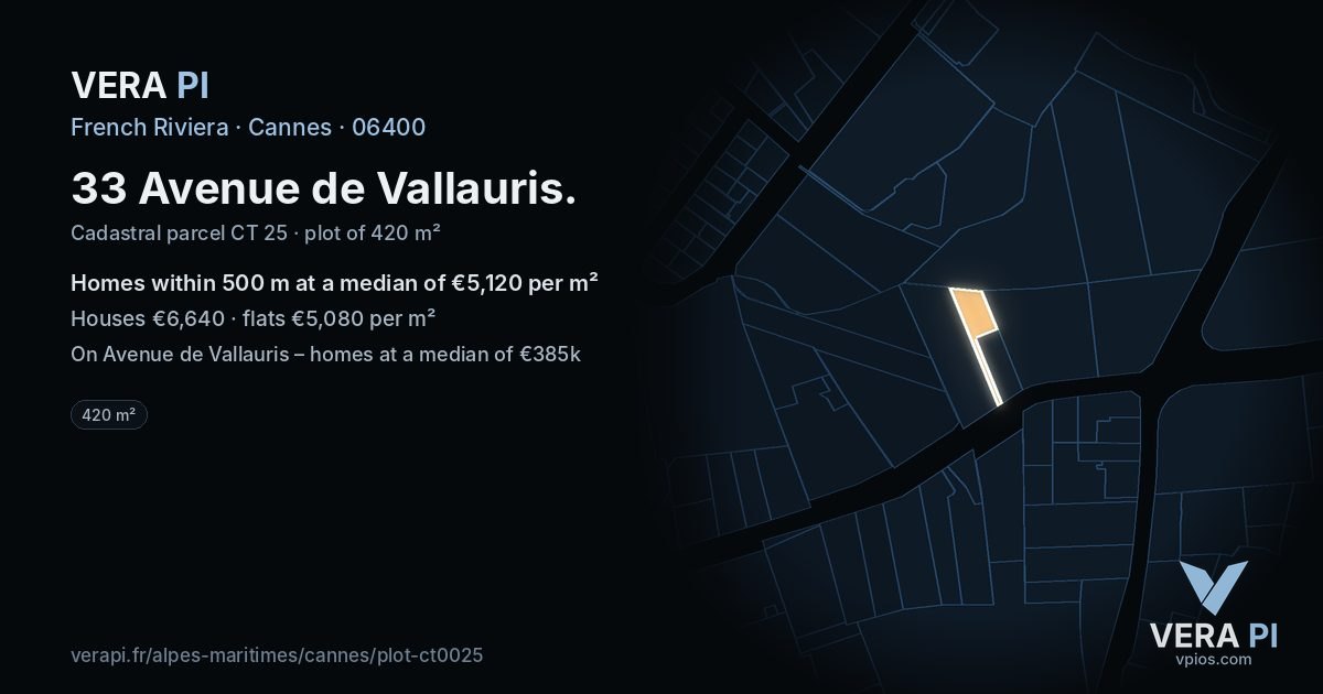 33 Avenue de Vallauris, Cannes at night – the plot lit, the parcels around coloured by the prices near them