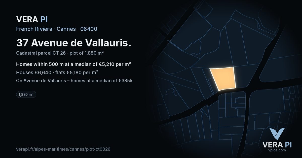 37 Avenue de Vallauris, Cannes at night – the plot lit, the parcels around coloured by the prices near them