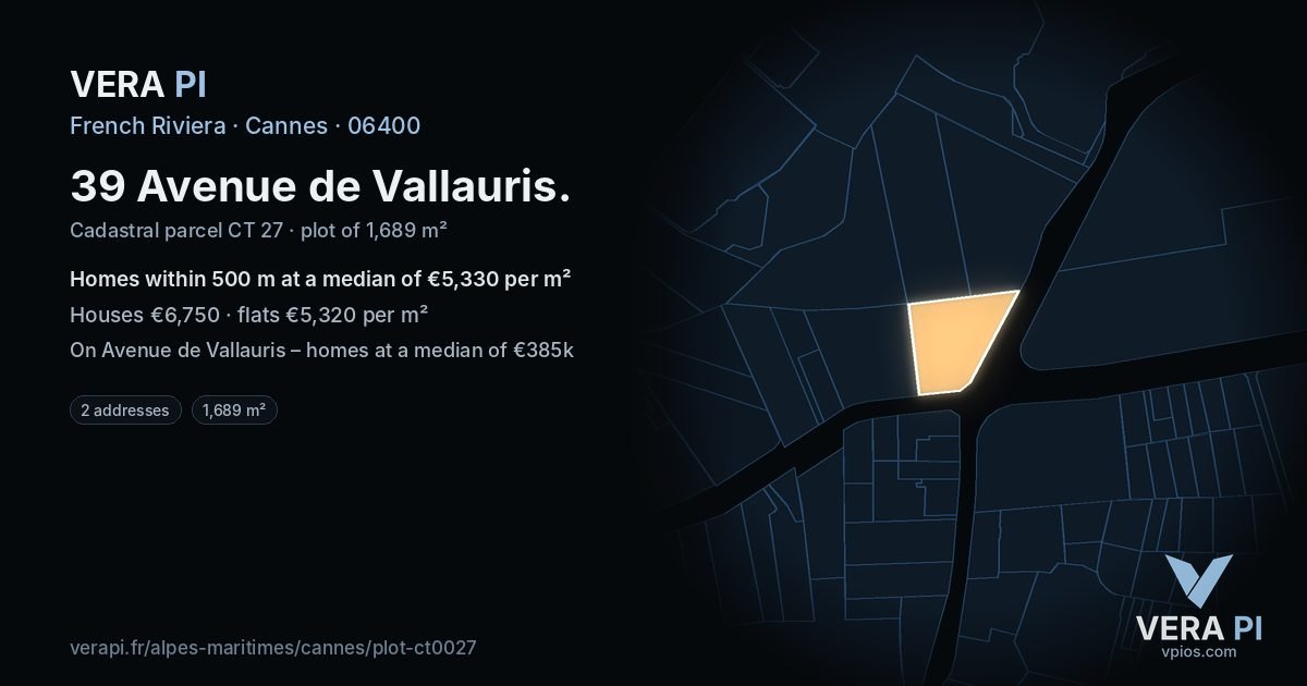 39 Avenue de Vallauris, Cannes at night – the plot lit, the parcels around coloured by the prices near them