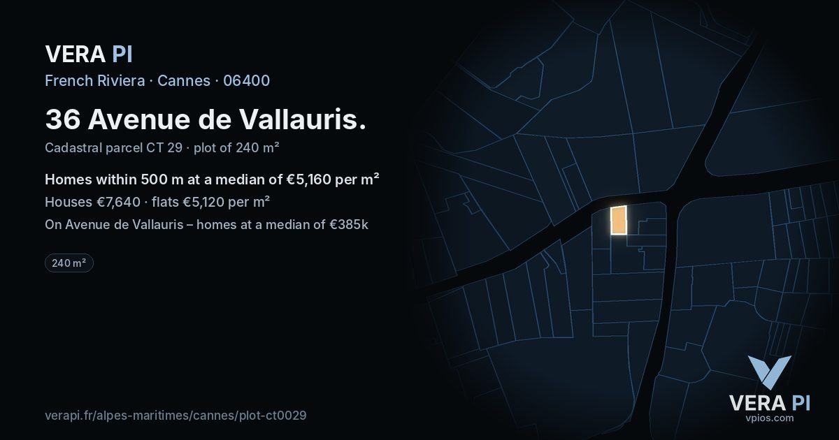 36 Avenue de Vallauris, Cannes at night – the plot lit, the parcels around coloured by the prices near them