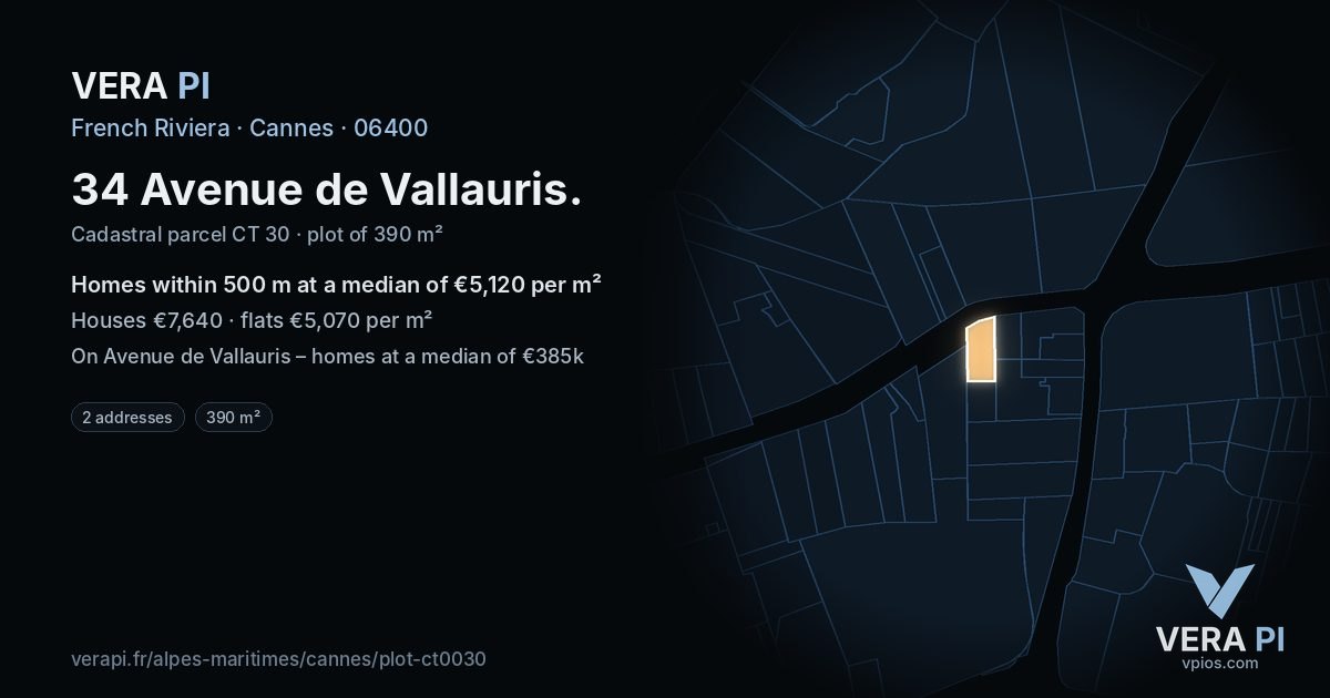 34 Avenue de Vallauris, Cannes at night – the plot lit, the parcels around coloured by the prices near them