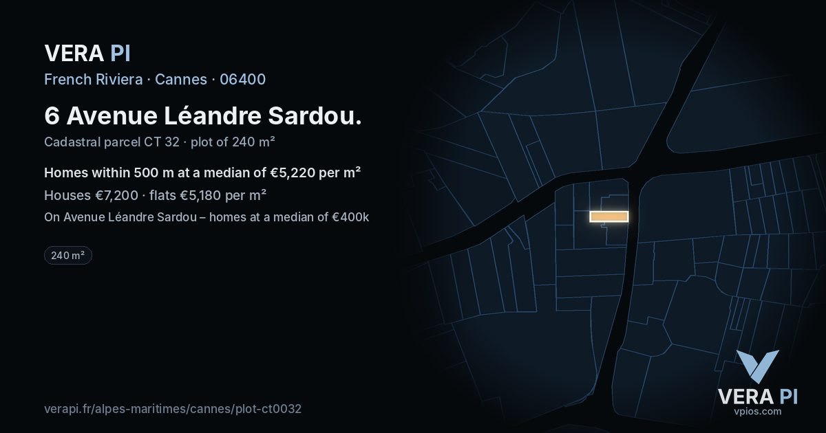 6 Avenue Léandre Sardou, Cannes at night – the plot lit, the parcels around coloured by the prices near them