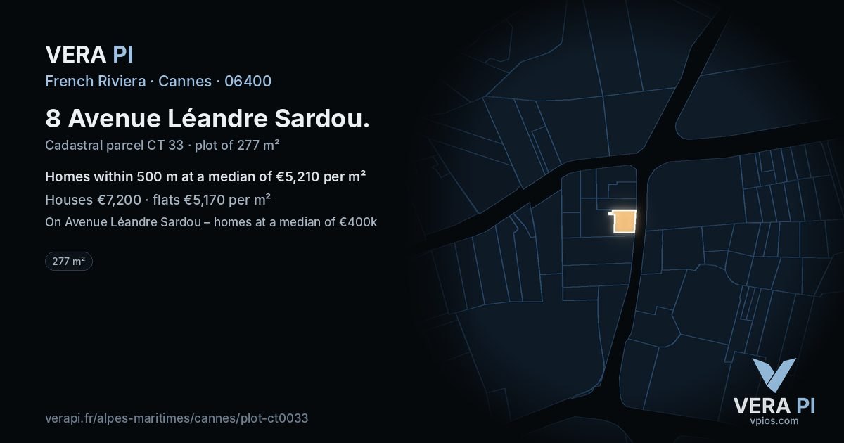 8 Avenue Léandre Sardou, Cannes at night – the plot lit, the parcels around coloured by the prices near them