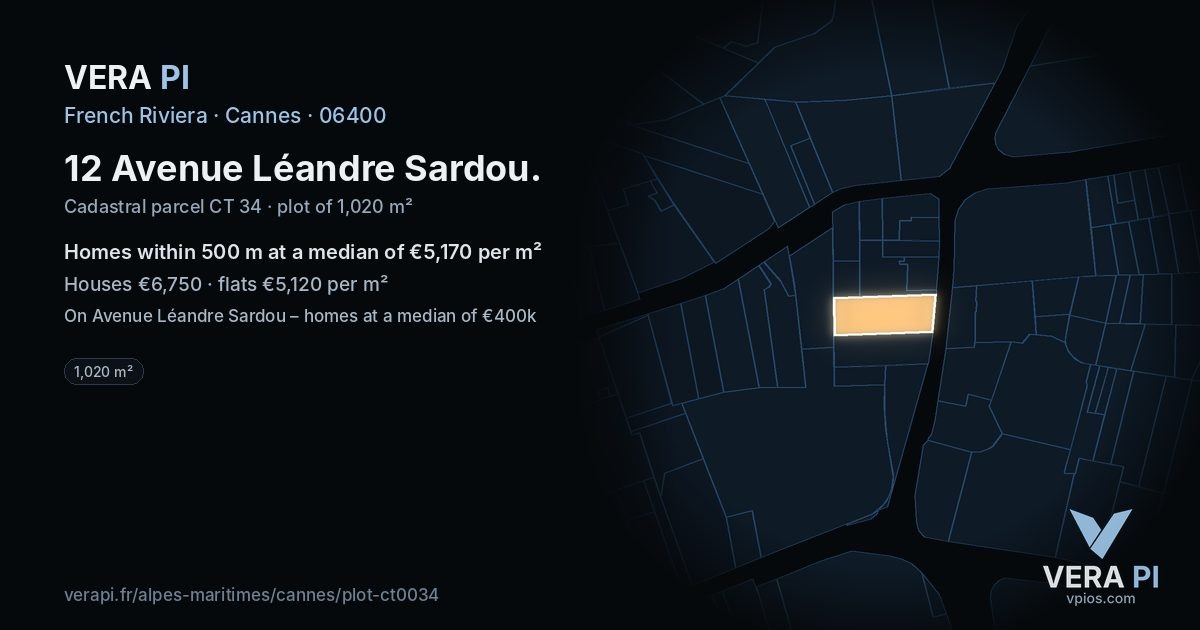 12 Avenue Léandre Sardou, Cannes at night – the plot lit, the parcels around coloured by the prices near them