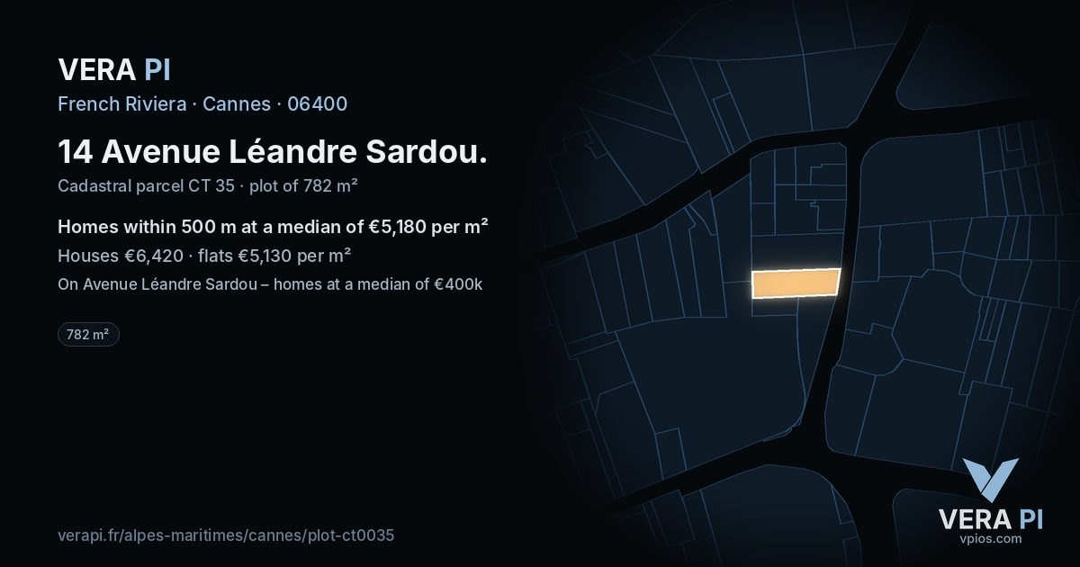14 Avenue Léandre Sardou, Cannes at night – the plot lit, the parcels around coloured by the prices near them