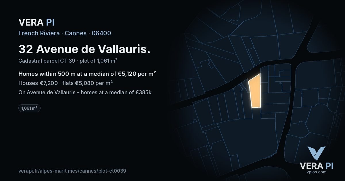 32 Avenue de Vallauris, Cannes at night – the plot lit, the parcels around coloured by the prices near them