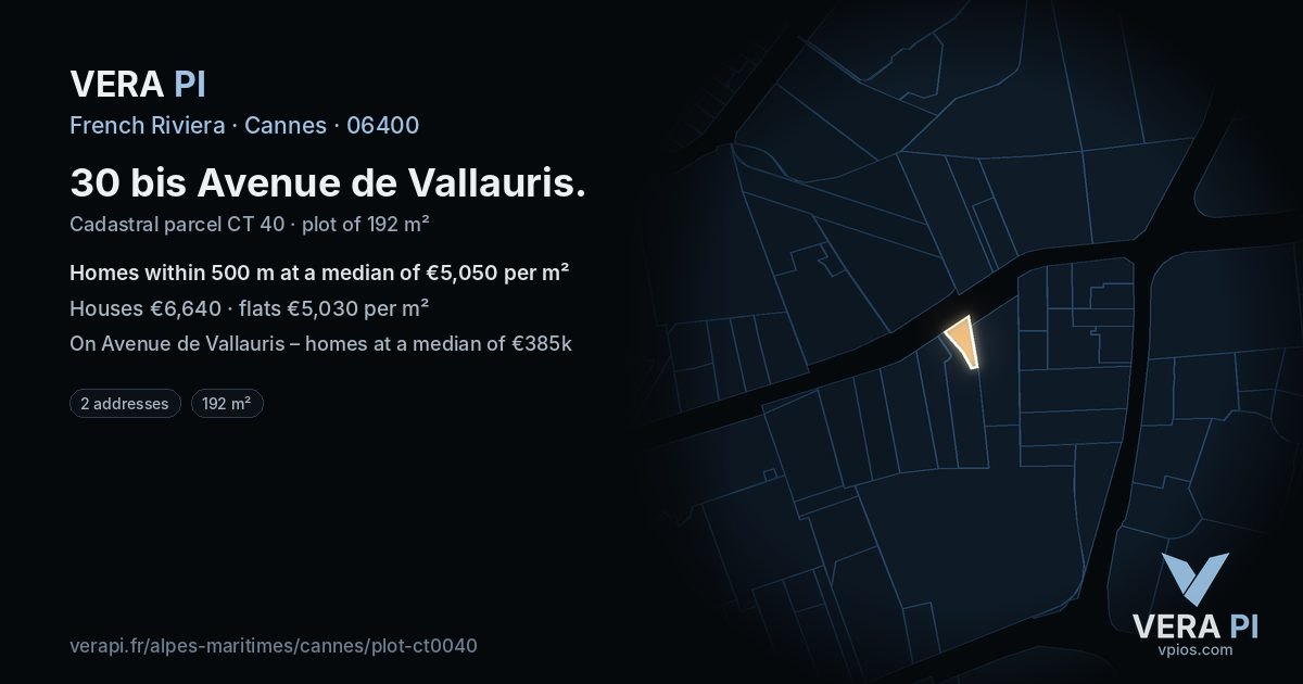 30 bis Avenue de Vallauris, Cannes at night – the plot lit, the parcels around coloured by the prices near them