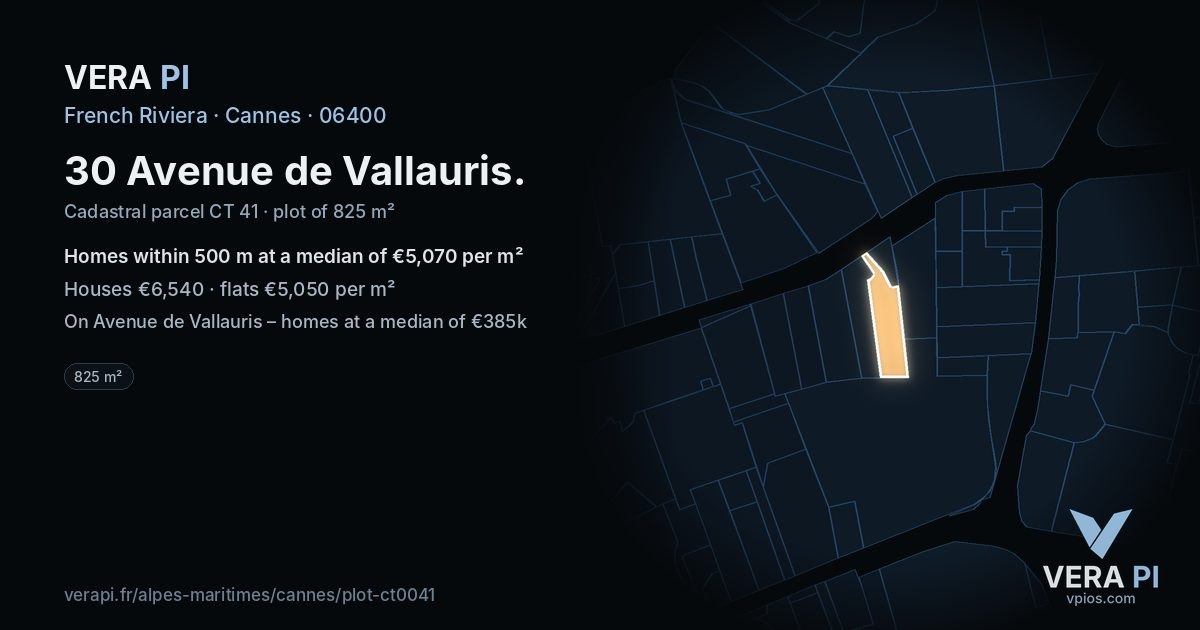 30 Avenue de Vallauris, Cannes at night – the plot lit, the parcels around coloured by the prices near them