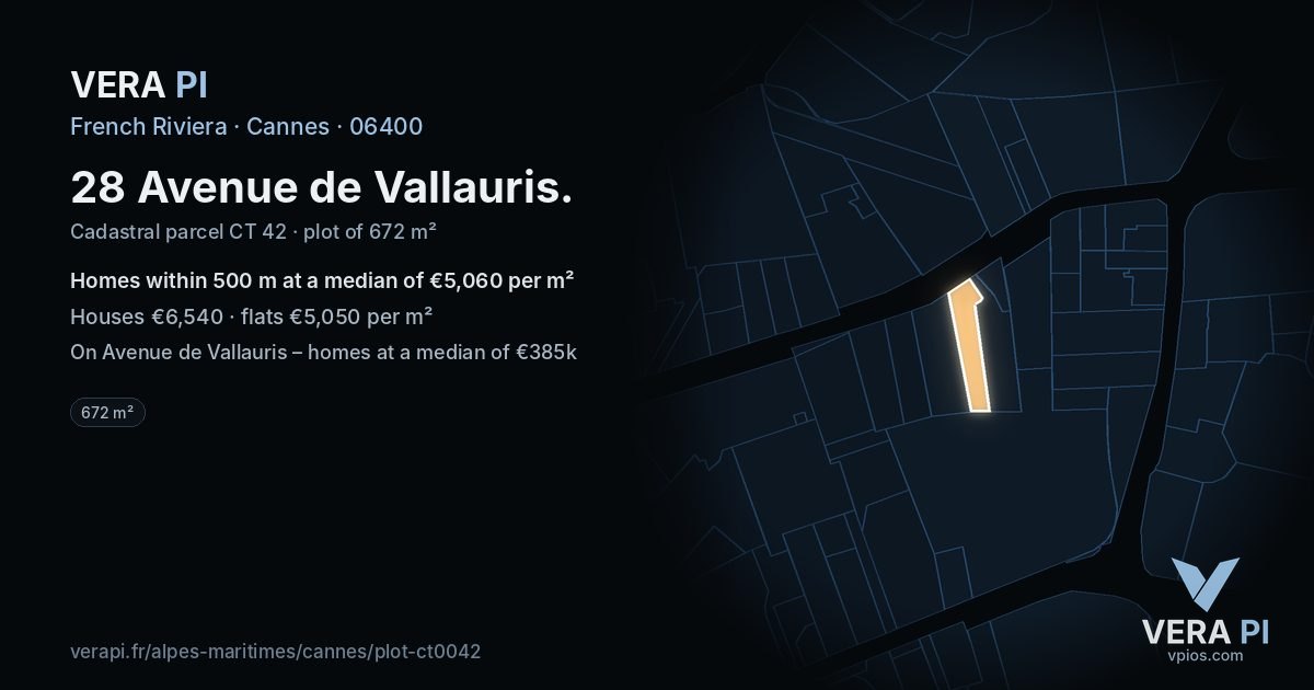 28 Avenue de Vallauris, Cannes at night – the plot lit, the parcels around coloured by the prices near them