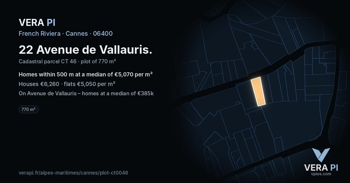 22 Avenue de Vallauris, Cannes at night – the plot lit, the parcels around coloured by the prices near them