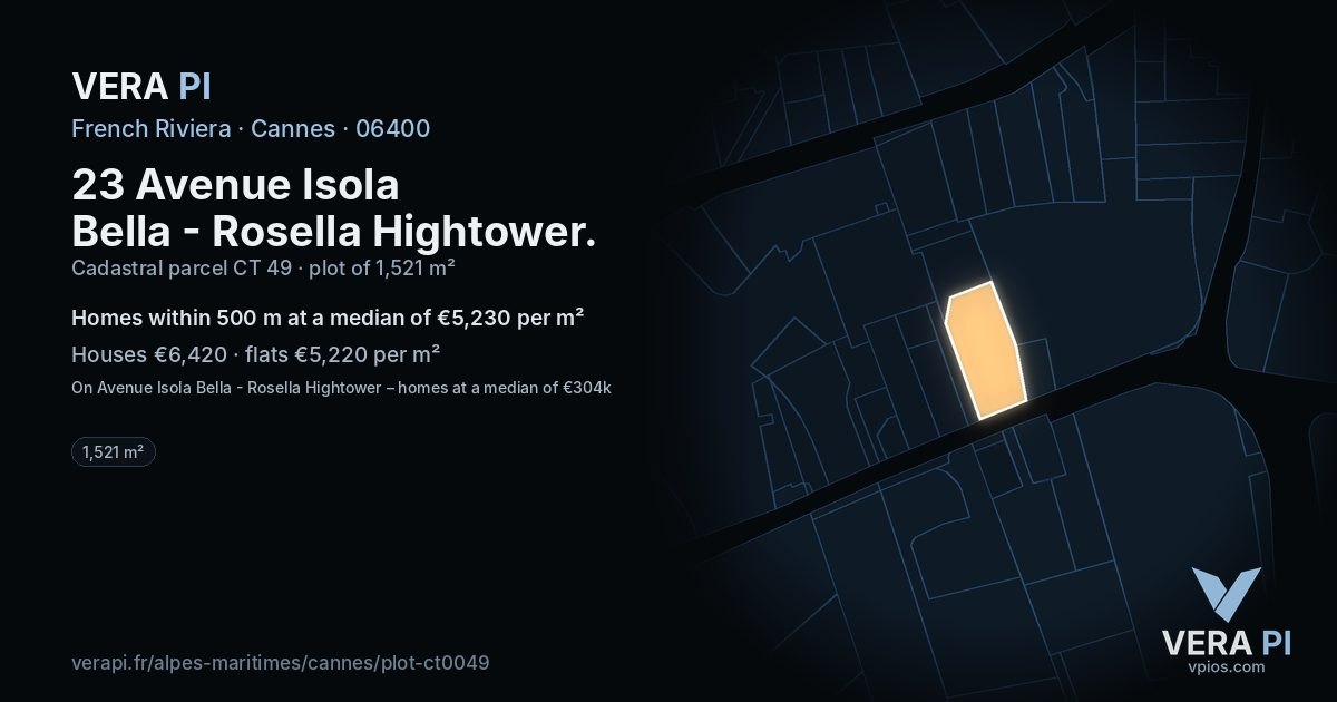 23 Avenue Isola Bella - Rosella Hightower, Cannes at night – the plot lit, the parcels around coloured by the prices near them